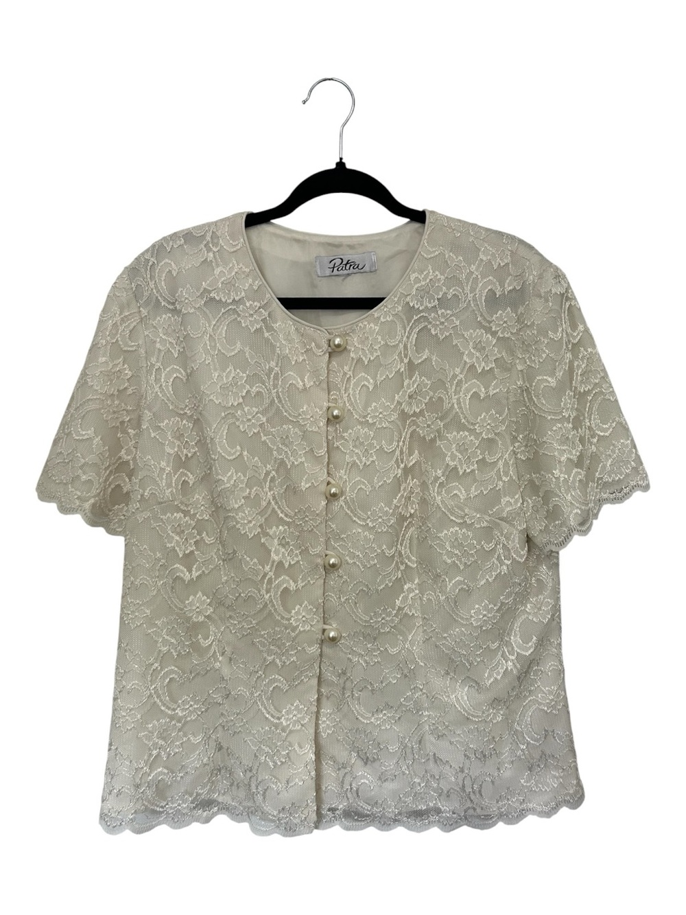 Patra Cream Lace Pearl Button Short-Sleeve Blouse
